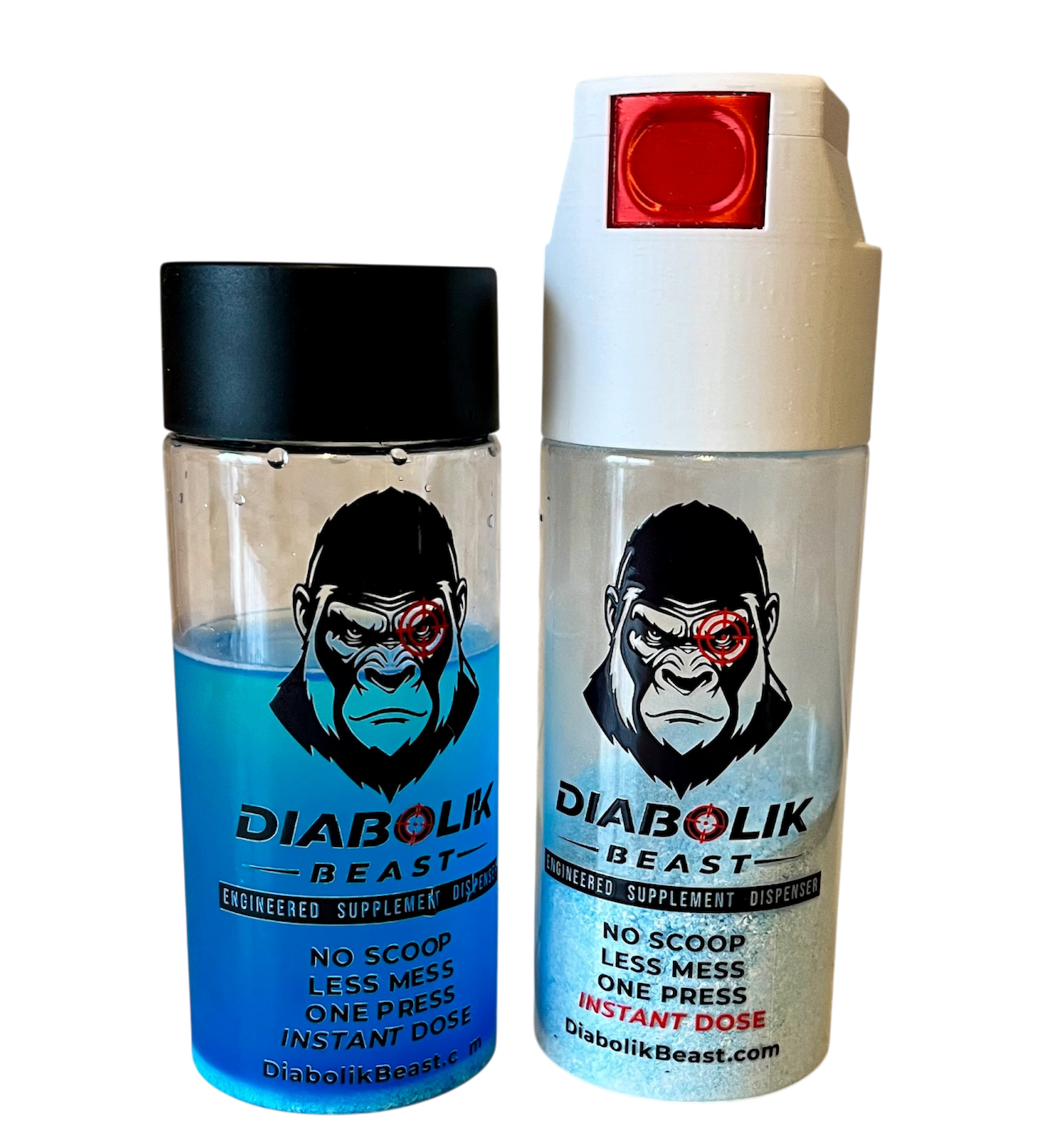 Two Diabolik Beast instant dose dispensing bottles on a white background, one with a black cap and blue liquid, and one with a white cap and red top button.