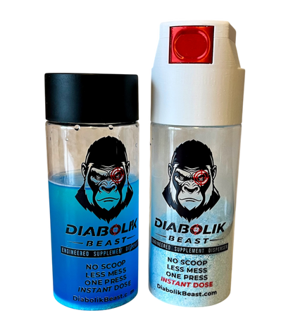 Two Diabolik Beast instant dose dispensing bottles on a white background, one with a black cap and blue liquid, and one with a white cap and red top button.