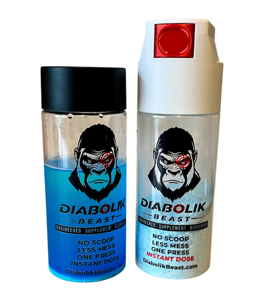 Two Diabolik Beast instant dose dispensing bottles on a white background, one with a black cap and blue liquid, and one with a white cap and red top button.